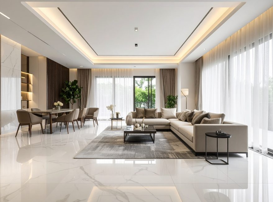 A minimalist luxury living room with marble flooring, elegant ceiling cove lighting