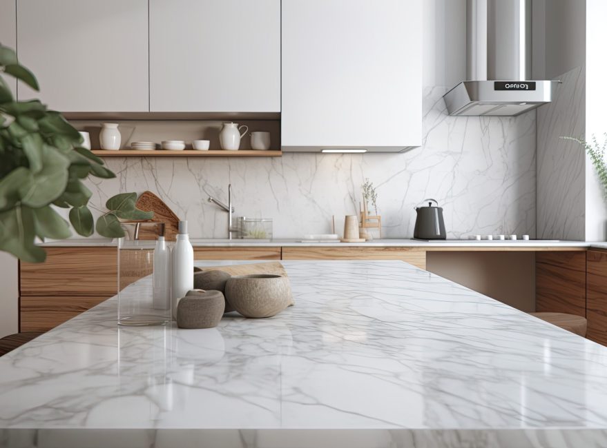 Close up of a marble table top in a white modern kitchen with built in cabinets and a counter. Interior of a showcase cooking room mockup. Generative AI